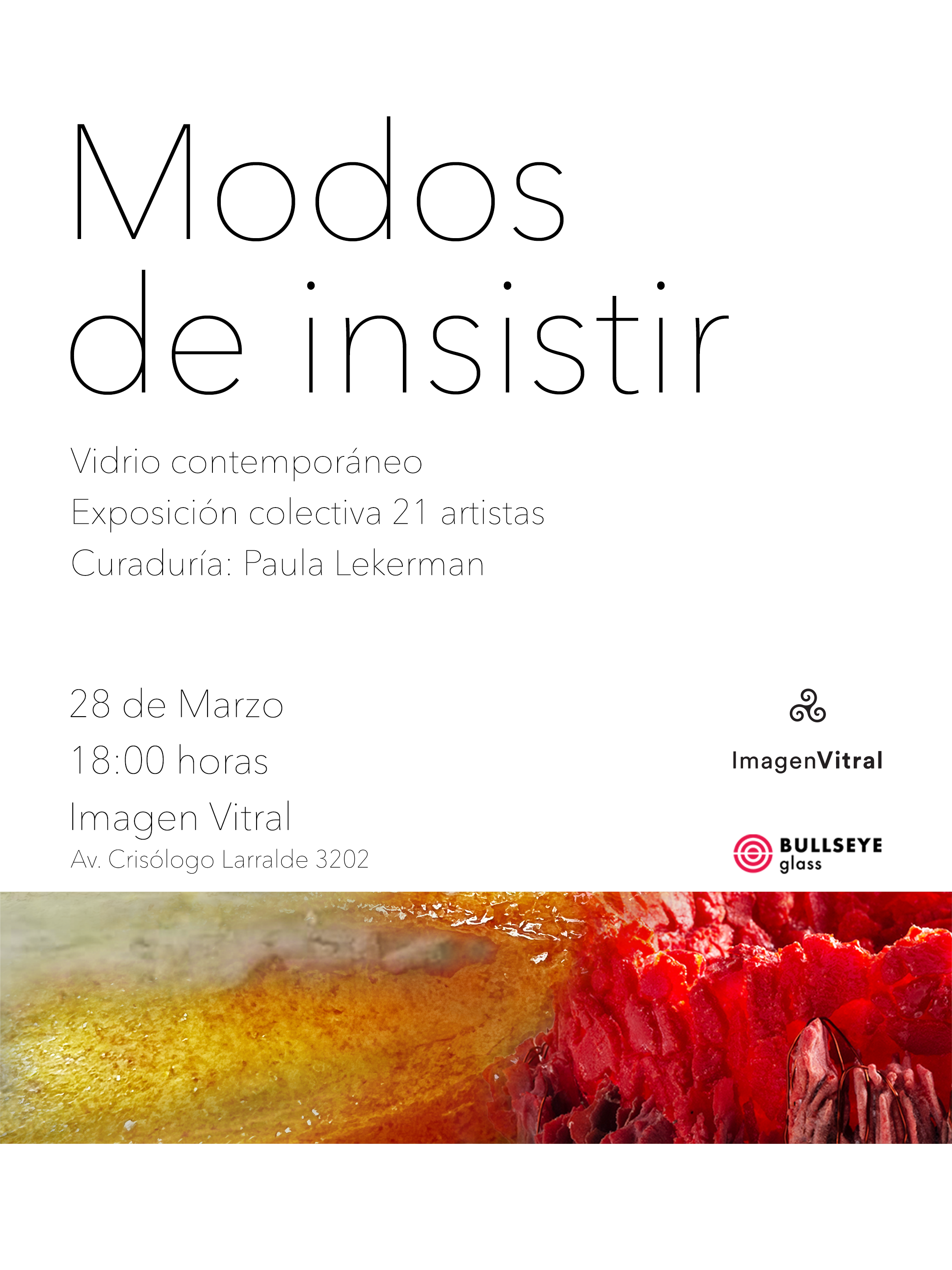 Exposición de vidrio contemporáneo “Modos de Insistir” en Imagen Vitral, muestra colectiva de 21 artistas con curaduría de Paula Lekerman en Buenos Aires.