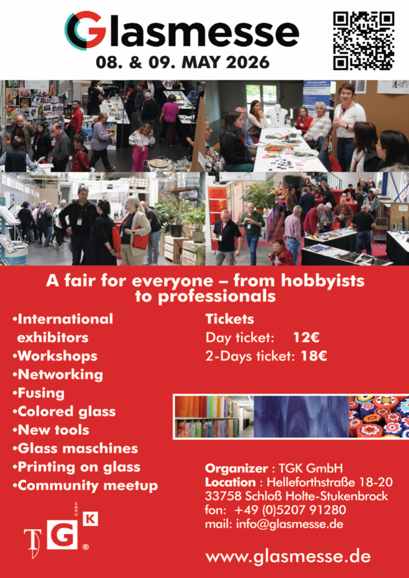 Feria del vidrio en Europa: Glasmesse 2026 reúne vidrio coloreado, herramientas, maquinaria, workshops y networking para artistas y profesionales del sector.