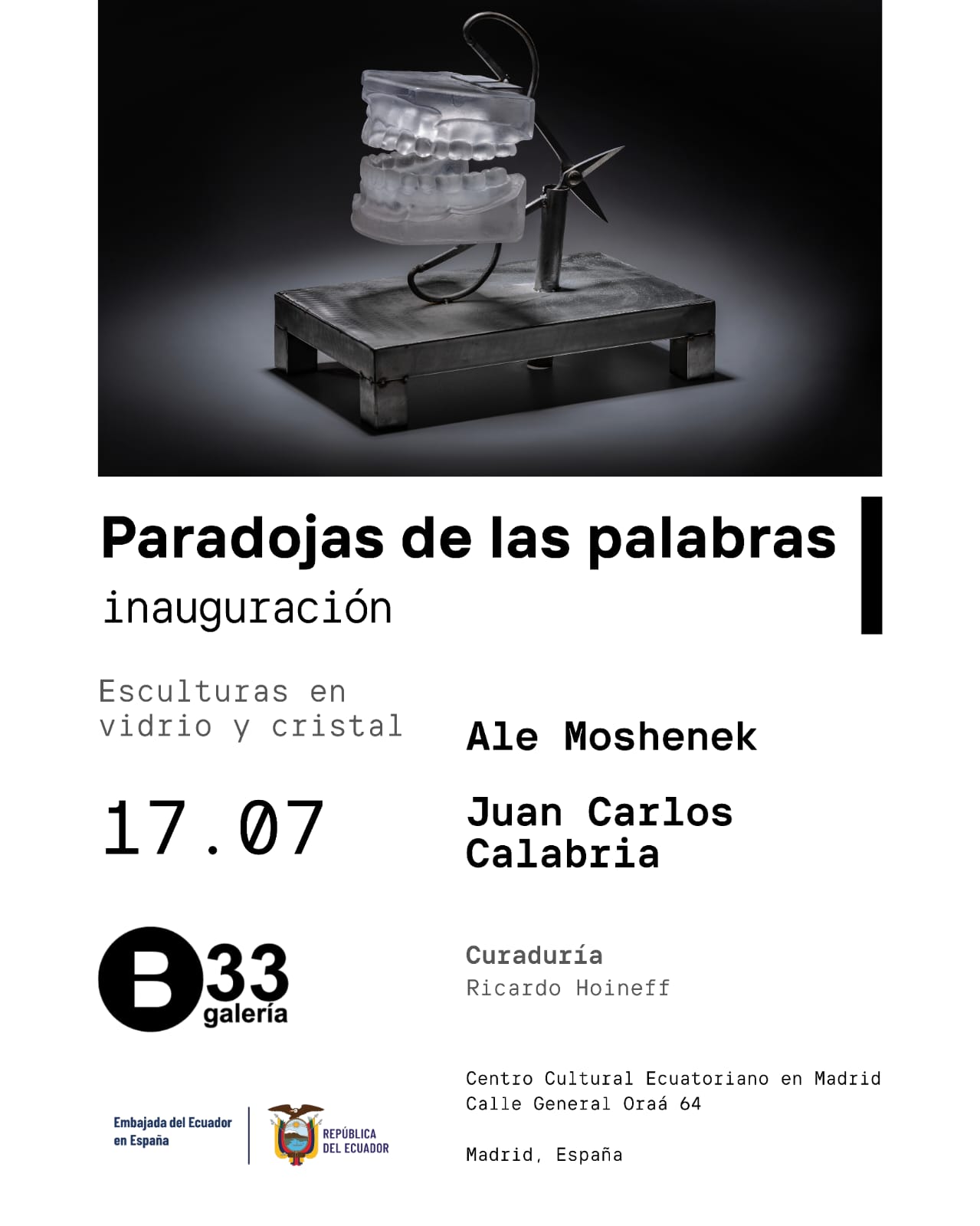 exposición de arte contemporáneo en vidrio arte en vidrio Madrid Ale Moshenek Juan Carlos Calabria Galería B33 Centro Cultural Ecuatoriano en Madrid exposición de vidrio contemporáneo