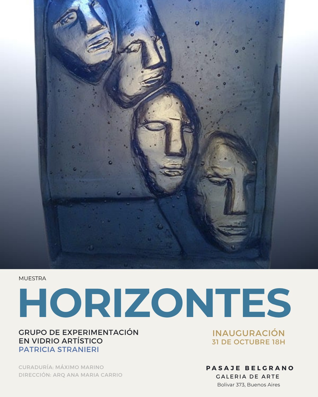 Exposición Horizontes en Galería Pasaje Belgrano, Buenos Aires, con obras de Marcelo Torretta, la instalación colectiva Flora y esculturas en vidrio de Mirta C. Kowcz y Patricia Stranieri.